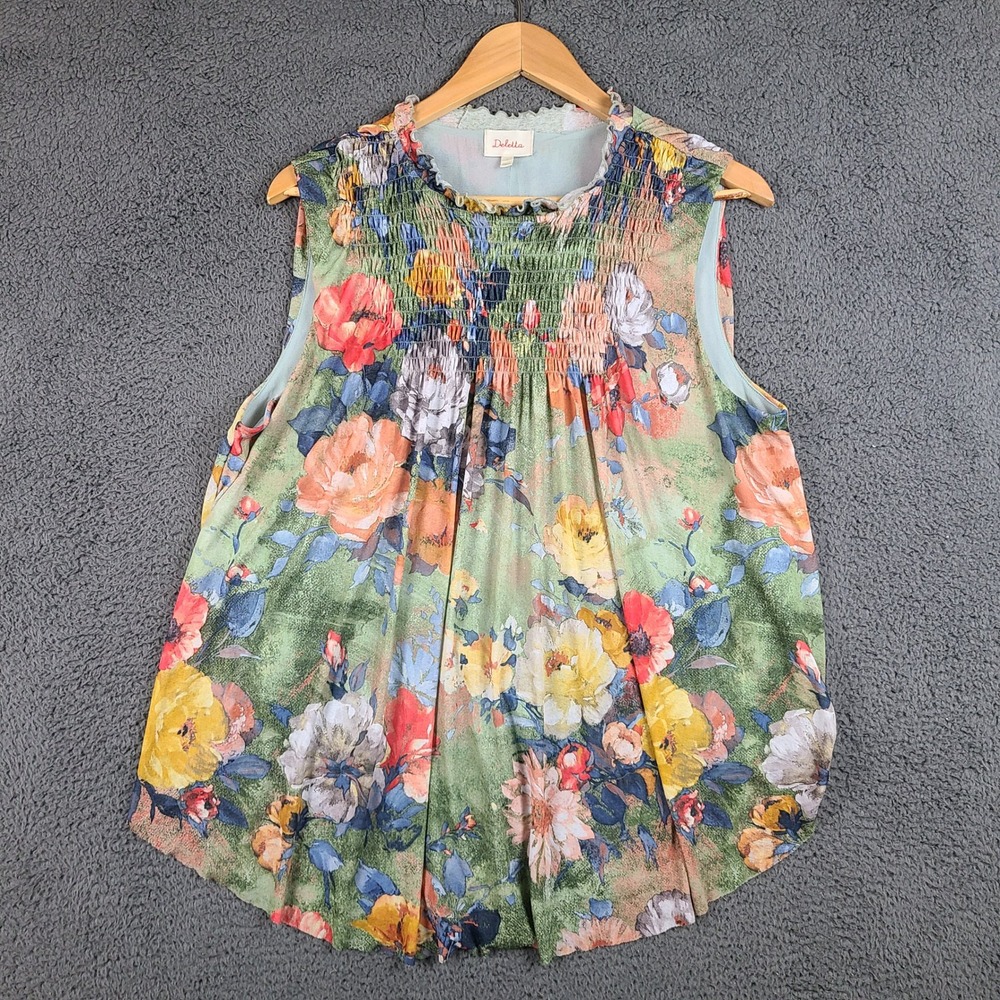 Anthropologie Deletta Floral Mesh Smocked Sleeveless Top Green Multi Large
